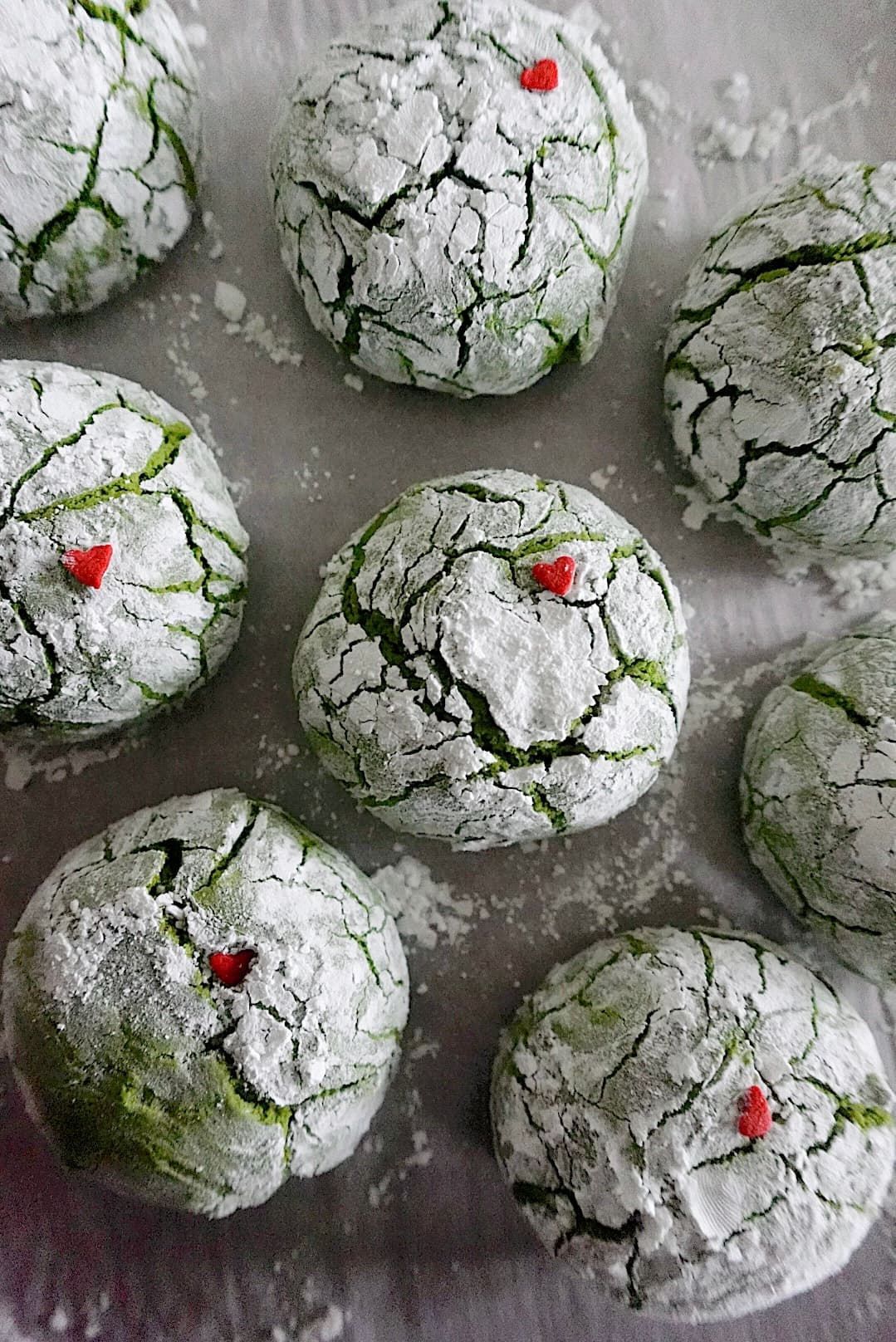 Matcha Crinkle Grinch Heart Cookies