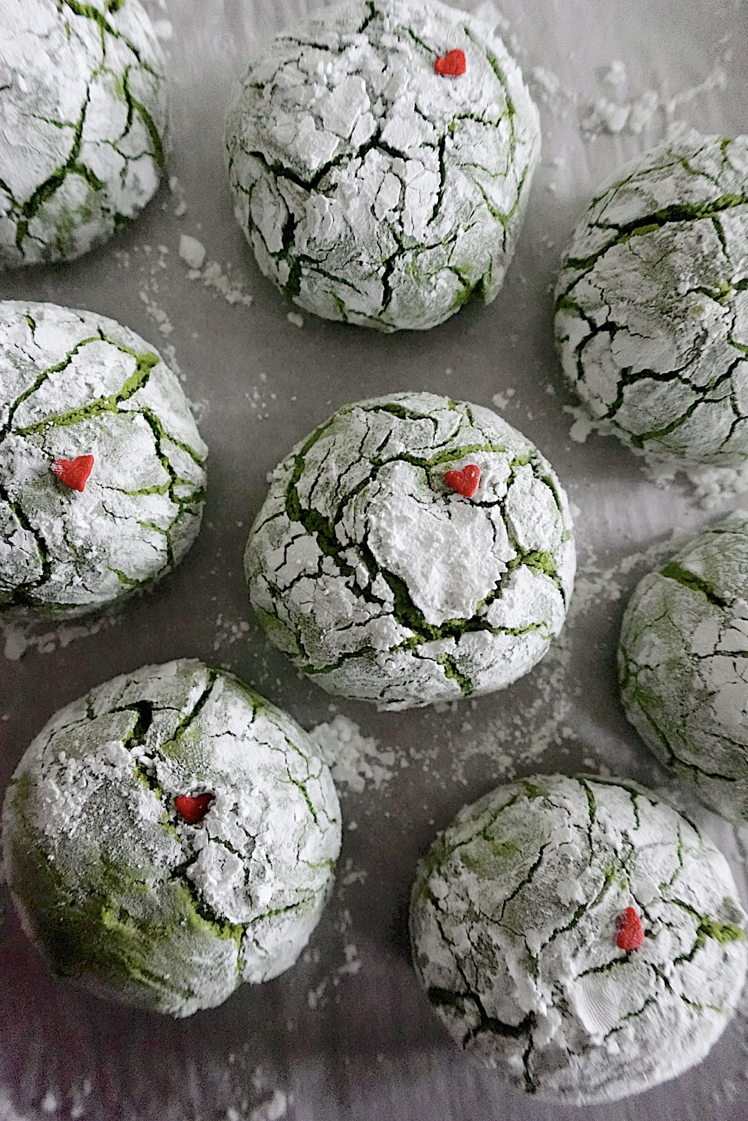 Matcha Crinkle Grinch Heart Cookies