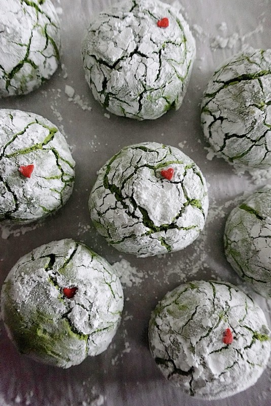 Matcha Crinkle Grinch Heart Cookies