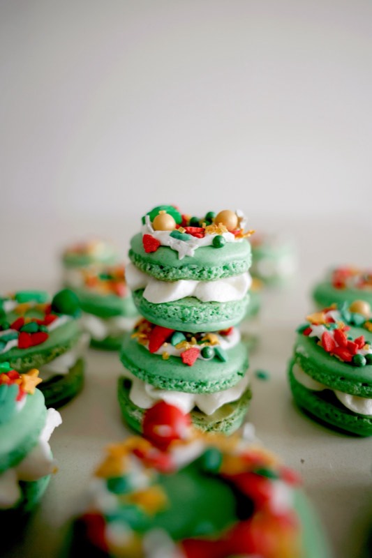 Matcha Macaron Holiday Wreath Cookies